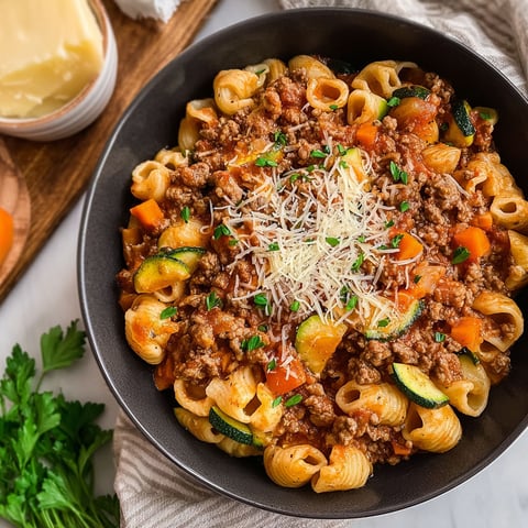 A bowl of pasta with meat and cheese.