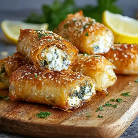 A plate of feta rolls with a lemon wedge on the side.