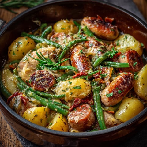 A bowl of sausage and potatoes.