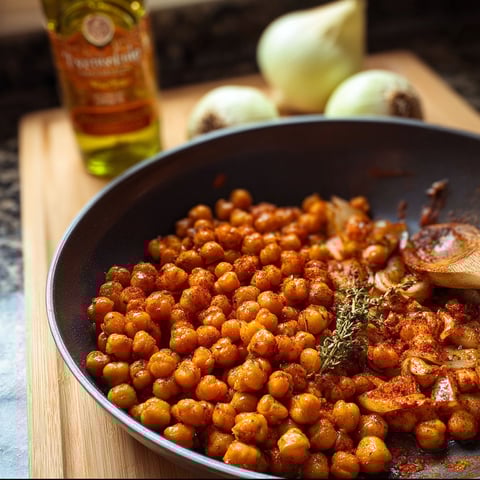 A bowl of cooked chickpeas with a spoon in it.