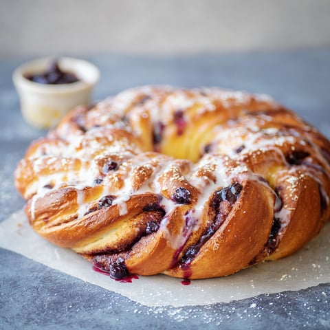 A pastry with blueberries and powdered sugar.