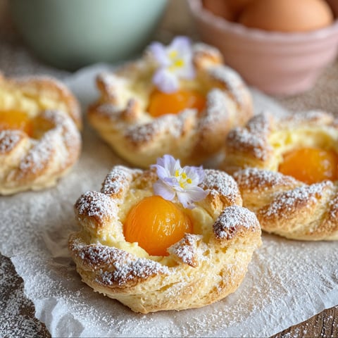 A pastry with a yellow filling and a purple flower on top.