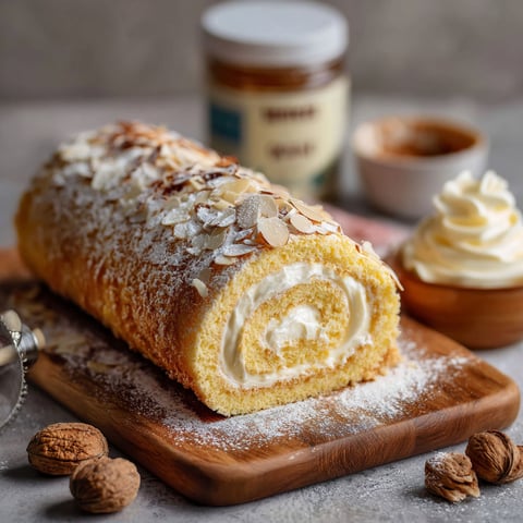 A Bienenstich Biskuitrolle with powdered sugar on a wooden cutting board.