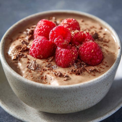 A bowl of pudding with raspberries on top.